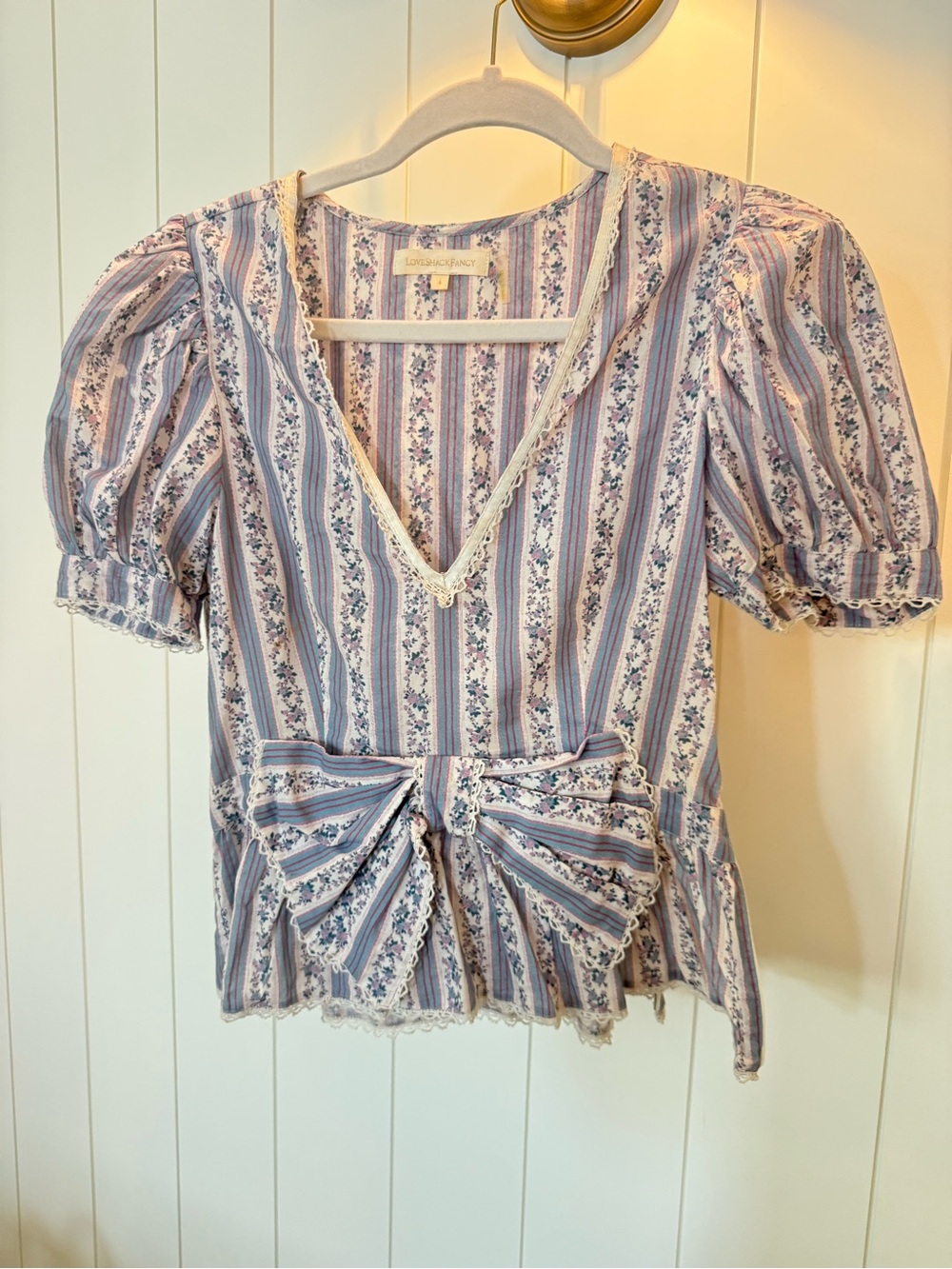 LoveShackFancy Lavender and White Striped Puff-Sleeve V-Neck Top with Front Bow